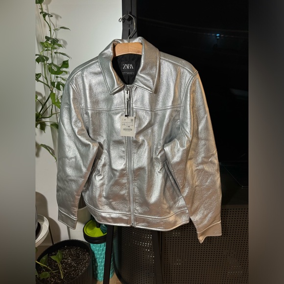 Zara Silver Men’s Rider's Jacket Leather size L/XL NWT - Picture 6 of 7
